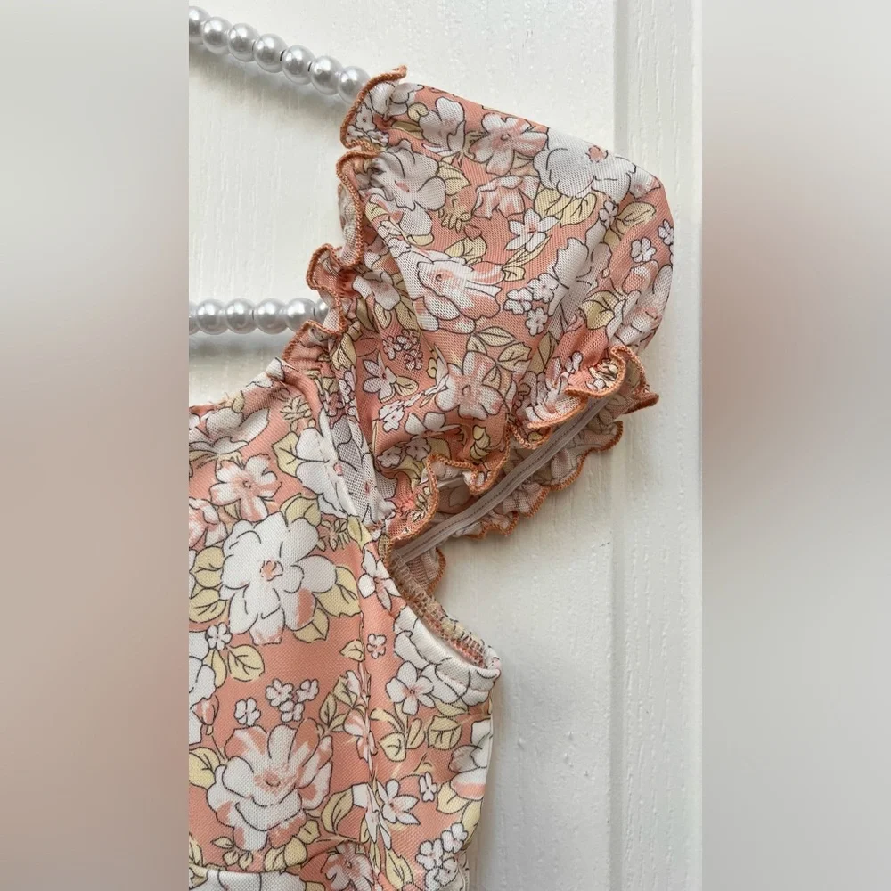RSQ Floral Puff Sleeve Mini Dress Peach Pink Smocked Back Large